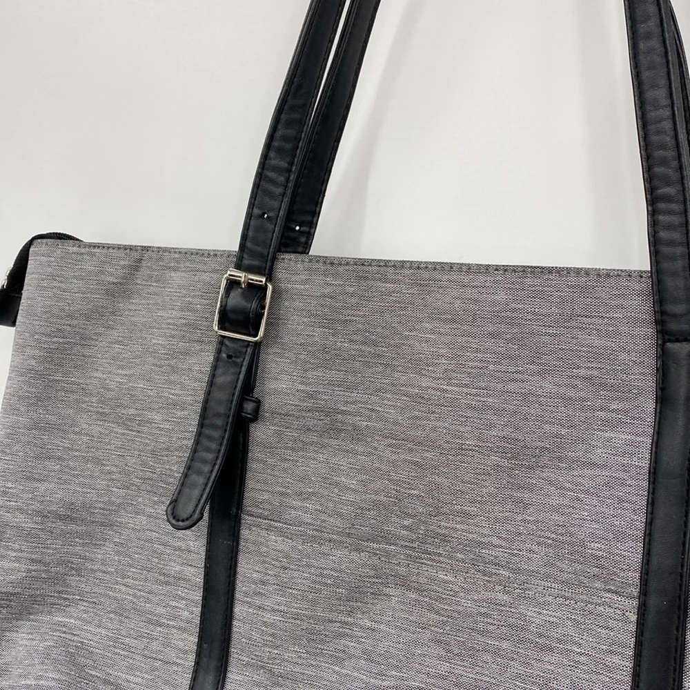 REIAVEL Gray Tote Bag Laptop Grey Canvas Black Leather USB Plug‎ Office Purse